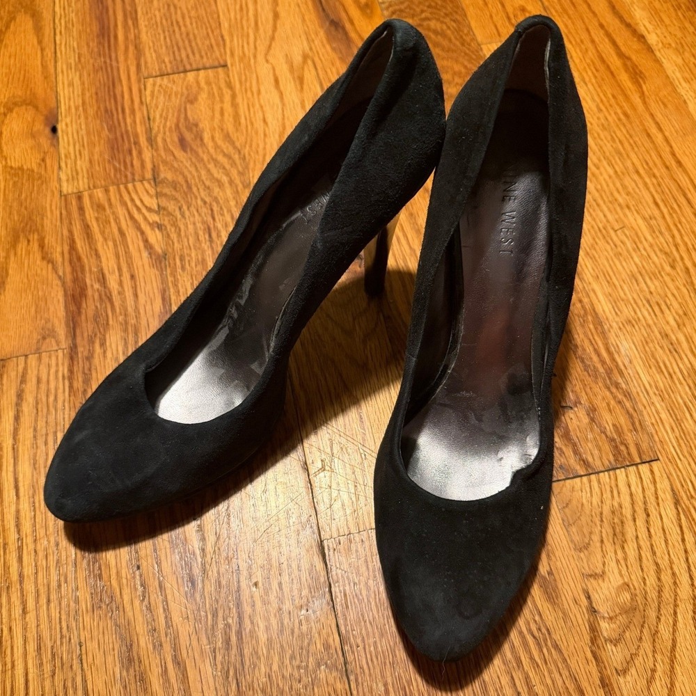 Nine West Rocha Pumps Black Suede Leather Stiletto Heels Almond Toe Womens 7.5